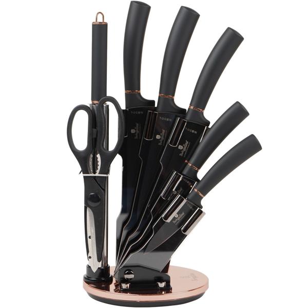 8-tlg. Design Messerset, schwarz-roségold – drehbarer Halter & Schleifer, Edel & Hochwertig, Modernes Messerset für die stilvolle Küche