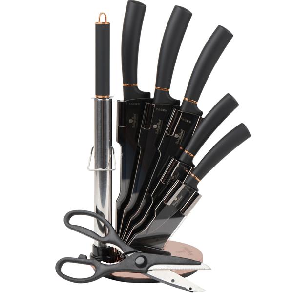 8-tlg. Design Messerset, schwarz-roségold – drehbarer Halter & Schleifer, Edel & Hochwertig, Modernes Messerset für die stilvolle Küche
