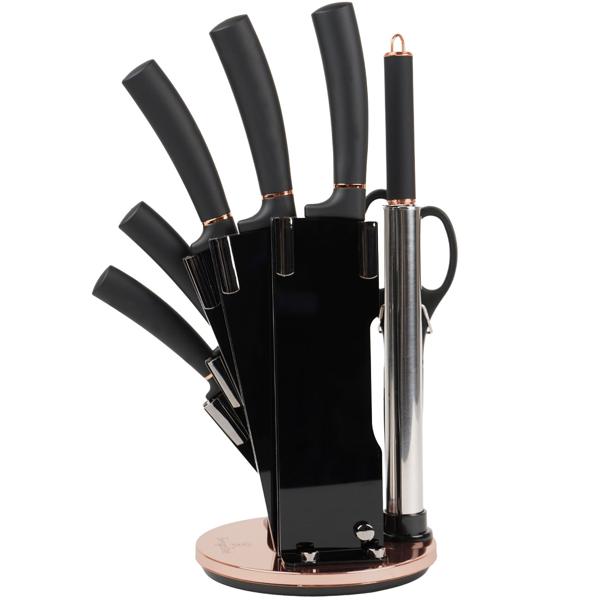 8-tlg. Design Messerset, schwarz-roségold – drehbarer Halter & Schleifer, Edel & Hochwertig, Modernes Messerset für die stilvolle Küche