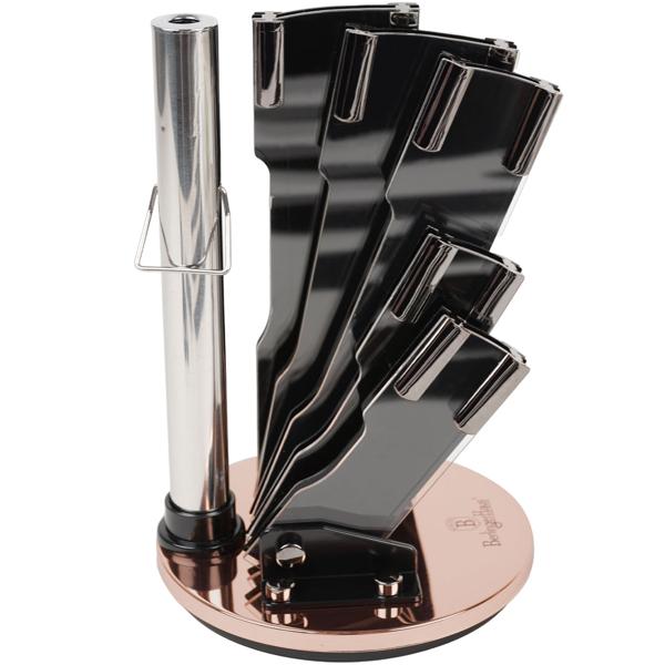 8-tlg. Design Messerset, schwarz-roségold – drehbarer Halter & Schleifer, Edel & Hochwertig, Modernes Messerset für die stilvolle Küche