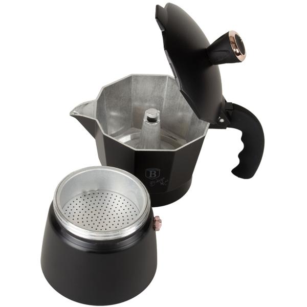 Design Espressokocher – für 3 Tassen (150ml) - vollmundiger Kaffeegenuss wie in Italien - Schwarz-Roségold - Soft-Touch-Griff - Aluminium - ausser Induktion