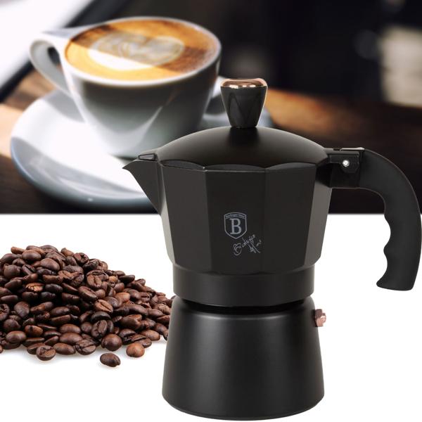 Design Espressokocher – für 3 Tassen (150ml) - vollmundiger Kaffeegenuss wie in Italien - Schwarz-Roségold - Soft-Touch-Griff - Aluminium - ausser Induktion