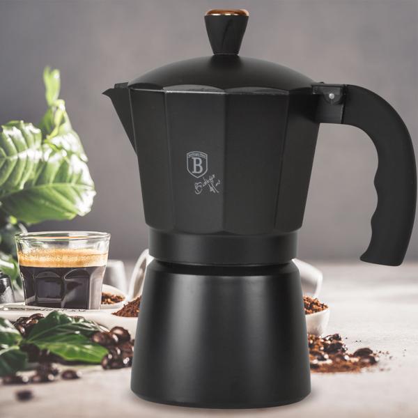 Design Espressokocher - Italienischer Kaffeebereiter für 6 Portionen / 300ml - Schwarz-Roségold - Ergonomischer Soft-Touch-Griff - Aluminium