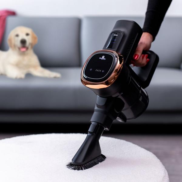 Design Akku-Staubsauger, 220 W BLDC Motor, 25,9 V Li-ION Akku, schwarz-roségold, Bürste mit LED Beleuchtung