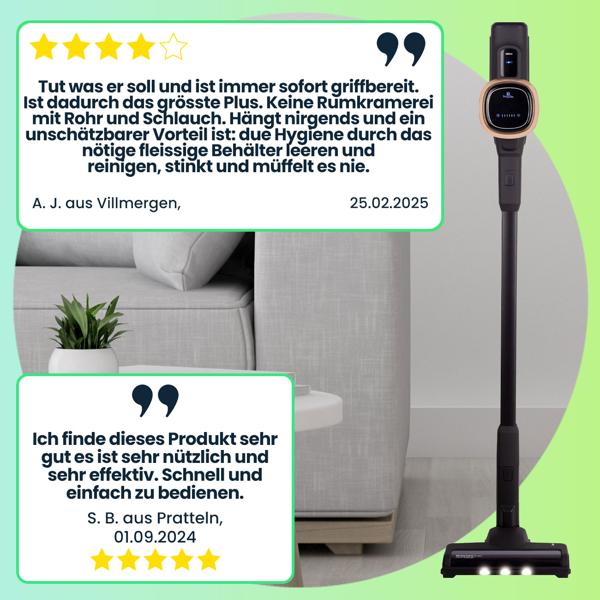 Design Akku-Staubsauger, 220 W BLDC Motor, 25,9 V Li-ION Akku, schwarz-roségold, Bürste mit LED Beleuchtung