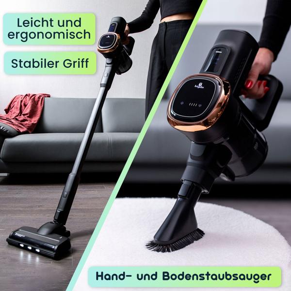 Design Akku-Staubsauger, 220 W BLDC Motor, 25,9 V Li-ION Akku, schwarz-roségold, Bürste mit LED Beleuchtung