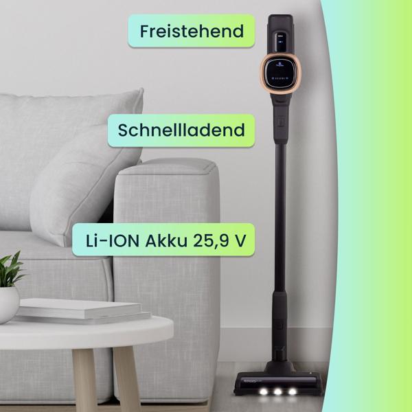 Design Akku-Staubsauger, 220 W BLDC Motor, 25,9 V Li-ION Akku, schwarz-roségold, Bürste mit LED Beleuchtung