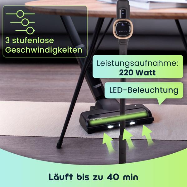 Design Akku-Staubsauger, 220 W BLDC Motor, 25,9 V Li-ION Akku, schwarz-roségold, Bürste mit LED Beleuchtung