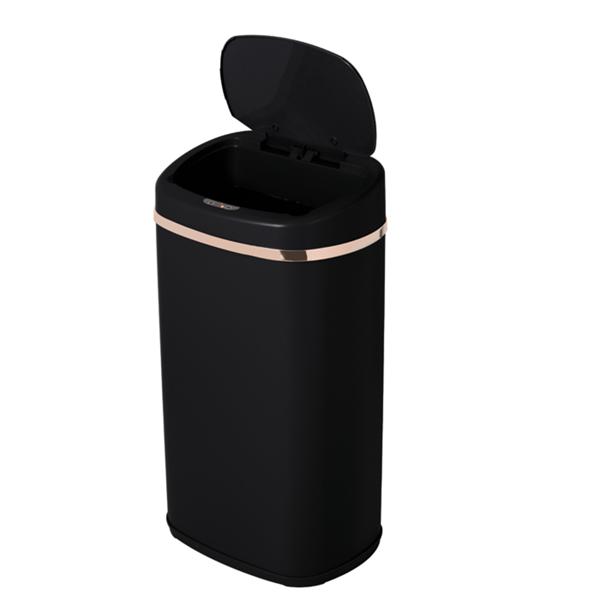 Hochwertiger Design Abfalleimer aus Metall, mit 58 Liter Volumen und Touch Sensor, edle mattschwarz-roségold Optik, stabiler Rahmen und Deckel