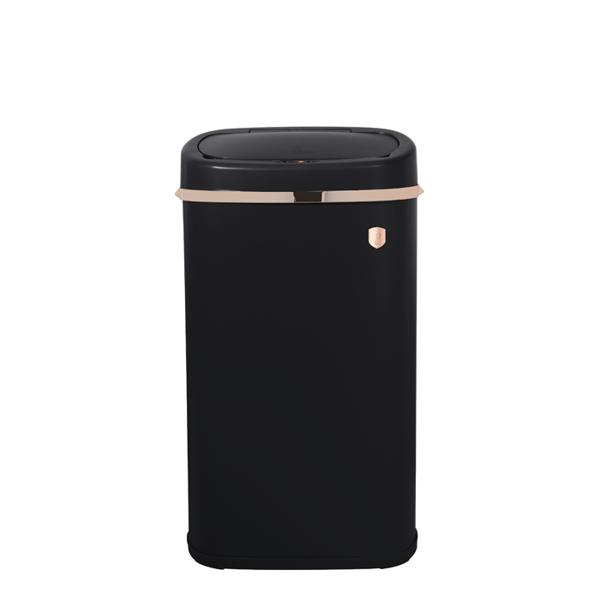 Hochwertiger Design Abfalleimer aus Metall, mit 58 Liter Volumen und Touch Sensor, edle mattschwarz-roségold Optik, stabiler Rahmen und Deckel
