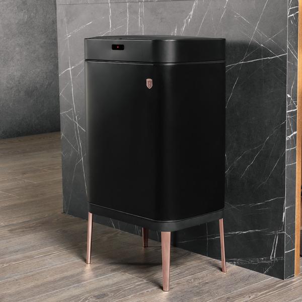 Design Abfalleimer 60L mit Touch-Sensor – Mülleimer aus Metall, mattschwarz-roségold – Abfallbehälter mit Sensor-Deckel