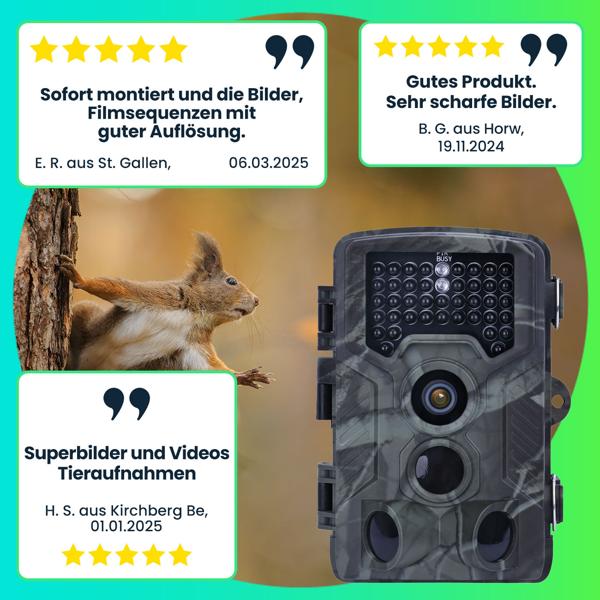 Full-HD-Wildkamera 24 MP mit 3 Bewegungssensoren – Nachtsicht, Serienbild- & Zeitraffer-Funktion, Farbdisplay, wetterfest, ideal zur Tierbeobachtung