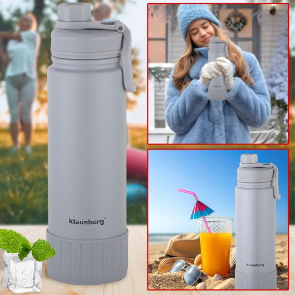 Doppelwandiger Thermobecher 720ml in elegantem Grau, isoliert, hält Getränke lange heiss oder kalt, ideal für Arbeit, Freizeit und Reisen