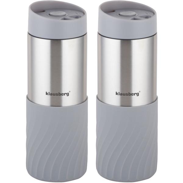 2er-Set Doppelwandiger Thermobecher Edelstahl mit rutschfestem Silikonring, 420ml, grau, ideal für Kaffee, Tee & mehr