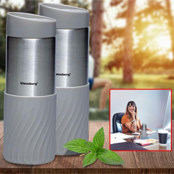 2er-Set Doppelwandiger Thermobecher Edelstahl mit rutschfestem Silikonring, 420ml, grau, ideal für Kaffee, Tee & mehr