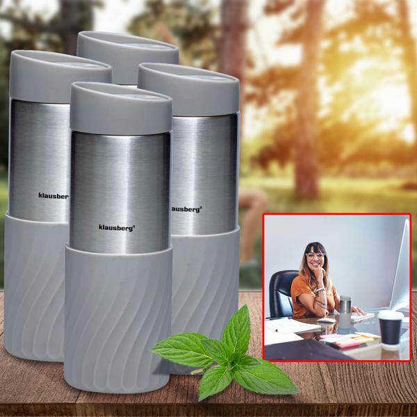 4er-Set Doppelwandiger Thermobecher Edelstahl mit rutschfestem Silikonring, 420ml, grau, ideal für Kaffee, Tee & mehr