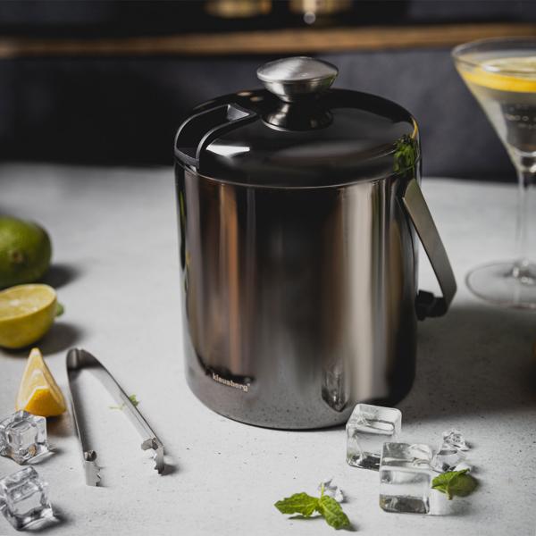 Doppelwandiger Eiseimer Edelstahl mit Zange – Hält Eiswürfel lange kristallklar & kalt – Graphit-Design, Sieb, korrosionsbeständig, geschmacksneutral