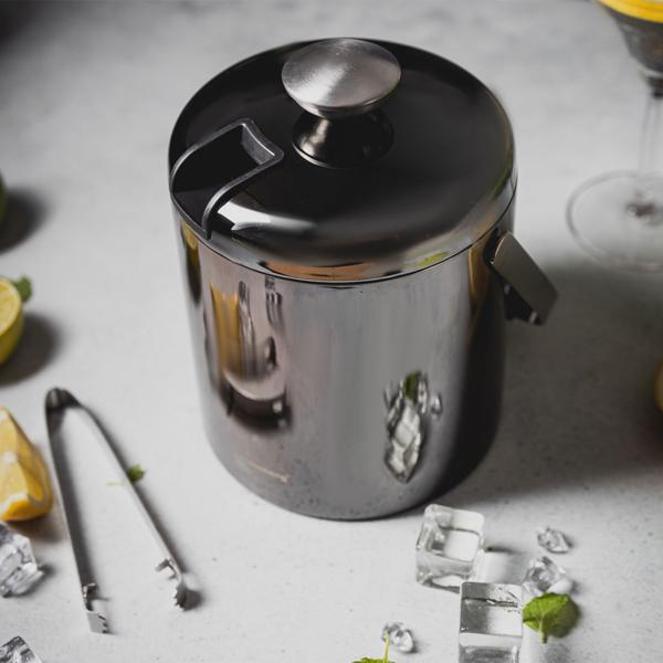 Doppelwandiger Eiseimer Edelstahl mit Zange – Hält Eiswürfel lange kristallklar & kalt – Graphit-Design, Sieb, korrosionsbeständig, geschmacksneutral
