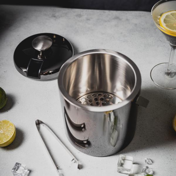 Doppelwandiger Eiseimer Edelstahl mit Zange – Hält Eiswürfel lange kristallklar & kalt – Graphit-Design, Sieb, korrosionsbeständig, geschmacksneutral