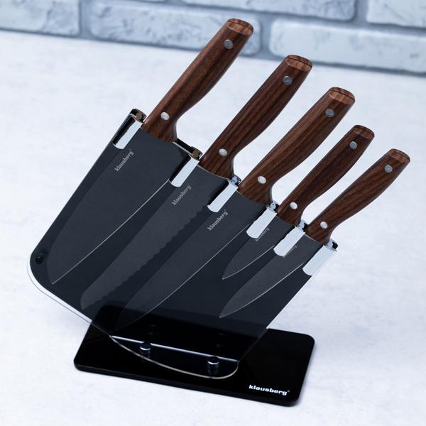 Design Küchenmesser-Set 5-teilig mit Messerblock - Antihaftbeschichtung & ergonomische Griffe - Edelstahlklingen korrosionsbeständig - Brotmesser 20cm