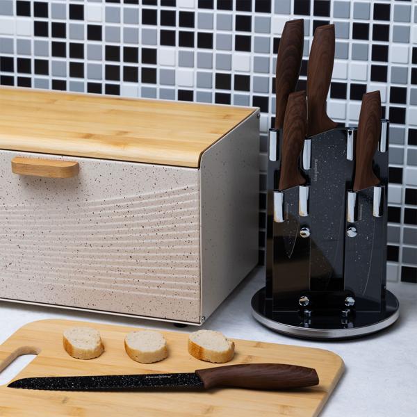 Messerset 5-teilig - Rotierender Messerständer 360° drehbar - Edelstahlklingen Antihaftbeschichtung - Koch- Aufschnitt- Brot- Allzweck- Schälmesser