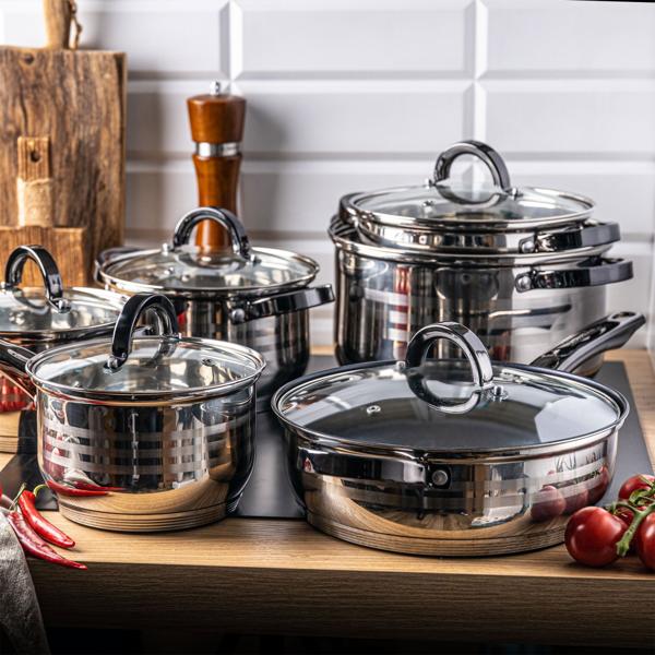 Edles 6-teiliges Kochtopf-Set aus Edelstahl – mit Glasdeckel & dunklen Griffen – langlebig, hitzebeständig & für alle Herdarten, inkl. Induktion