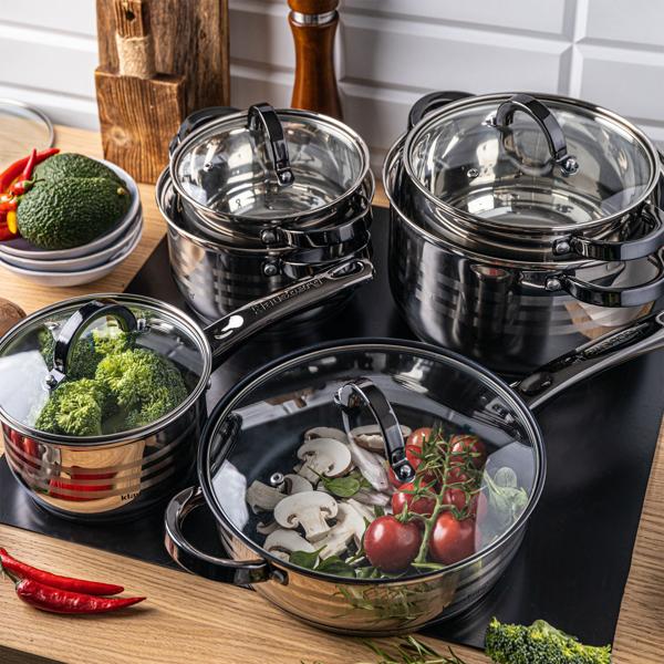 Edles 6-teiliges Kochtopf-Set aus Edelstahl – mit Glasdeckel & dunklen Griffen – langlebig, hitzebeständig & für alle Herdarten, inkl. Induktion