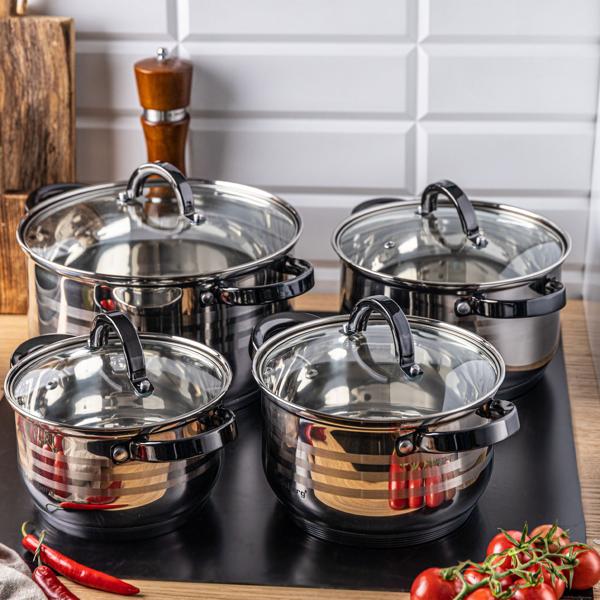 Hochwertiges 4-teiliges Kochtopf-Set aus Edelstahl mit Glasdeckeln, Ø16/18/20/24 cm – langlebig, robust & ideal für alle Herdarten, inkl. Induktion