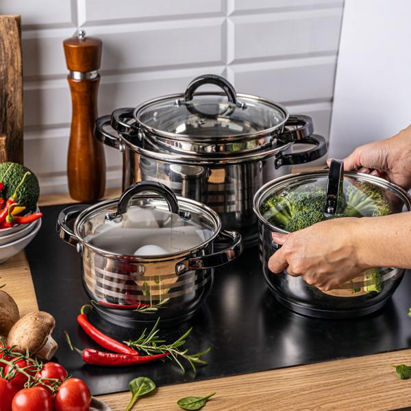 Hochwertiges 4-teiliges Kochtopf-Set aus Edelstahl mit Glasdeckeln, Ø16/18/20/24 cm – langlebig, robust & ideal für alle Herdarten, inkl. Induktion