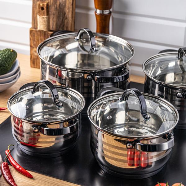 Hochwertiges 4-teiliges Kochtopf-Set aus Edelstahl mit Glasdeckeln, Ø16/18/20/24 cm – langlebig, robust & ideal für alle Herdarten, inkl. Induktion