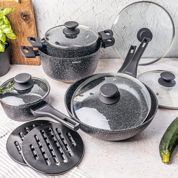 Hochwertiges Aluminium Kochset,  für Profi- & Hobbyköche – 2 Töpfe, 3 Pfannen mit Glasdeckel, Untersetzer, Soft-Touch - alle Herdarten, schwarz weiss