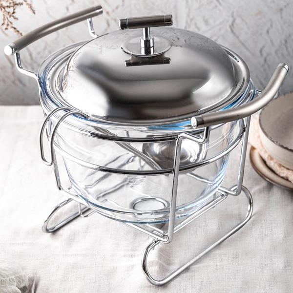 Hochwertiger Edelstahl und Glas Suppenwärmer, 4 Liter Behälter, transparent mit Deckel und Schöpf-Kelle: Ofenfest, inkl. Ständer, ideal für warme Buffets