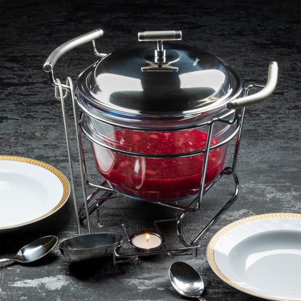 Hochwertiger Edelstahl und Glas Suppenwärmer, 4 Liter Behälter, transparent mit Deckel und Schöpf-Kelle: Ofenfest, inkl. Ständer, ideal für warme Buffets