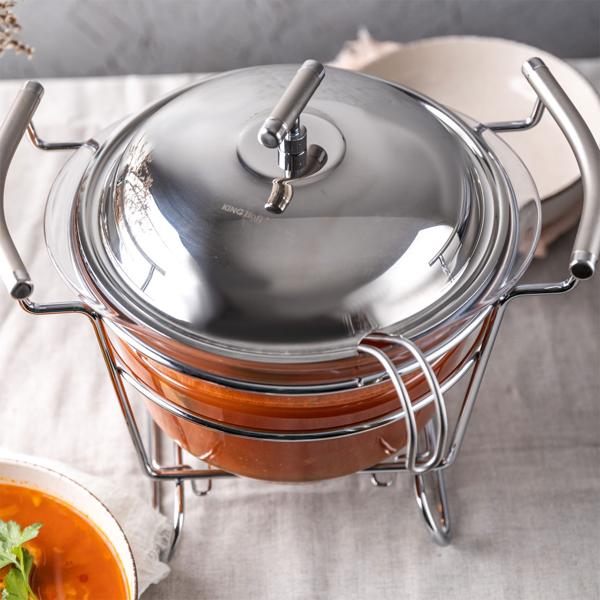 Hochwertiger Edelstahl und Glas Suppenwärmer, 4 Liter Behälter, transparent mit Deckel und Schöpf-Kelle: Ofenfest, inkl. Ständer, ideal für warme Buffets