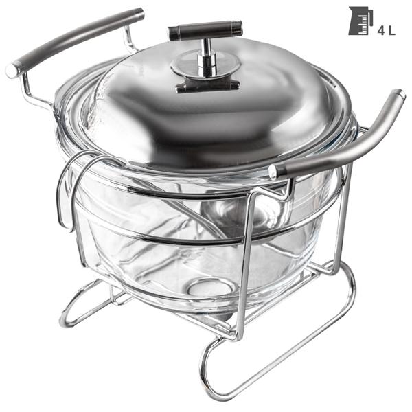 Hochwertiger Edelstahl und Glas Suppenwärmer, 4 Liter Behälter, transparent mit Deckel und Schöpf-Kelle: Ofenfest, inkl. Ständer, ideal für warme Buffets