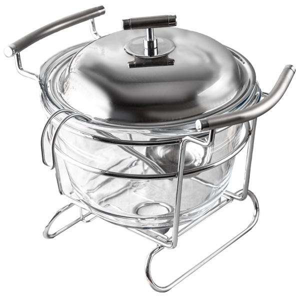 Hochwertiger Edelstahl und Glas Suppenwärmer, 4 Liter Behälter, transparent mit Deckel und Schöpf-Kelle: Ofenfest, inkl. Ständer, ideal für warme Buffets