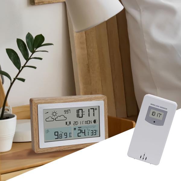 Elegante Funk-Wetterstation im Holz-Design – Eichenholzrahmen, Aussensensor, Wettertrends, Funkuhr & Wecker – Stilvolle Wetterdaten