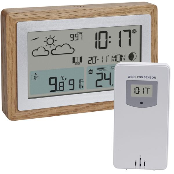 Elegante Funk-Wetterstation im Holz-Design – Eichenholzrahmen, Aussensensor, Wettertrends, Funkuhr & Wecker – Stilvolle Wetterdaten