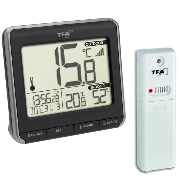 Funk-Thermometer mit Aussensensor - Misst Innen-/Aussentemperatur & Luftfeuchtigkeit - Funk-Uhr, Wecker, Frostwarnung - Reichweite 100m, Schimmel-Vermeidung