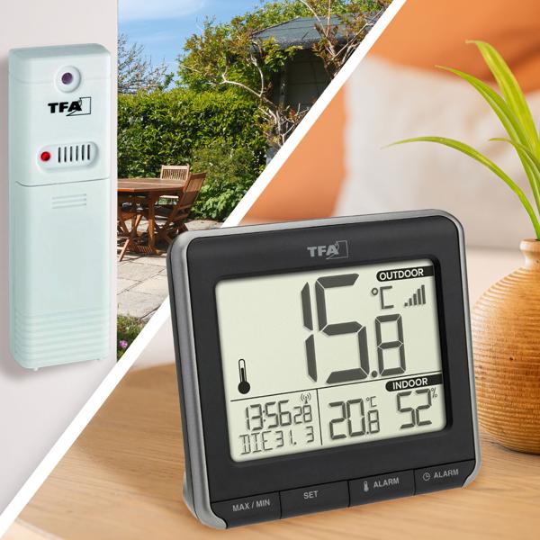 Funk-Thermometer mit Aussensensor - Misst Innen-/Aussentemperatur & Luftfeuchtigkeit - Funk-Uhr, Wecker, Frostwarnung - Reichweite 100m, Schimmel-Vermeidung