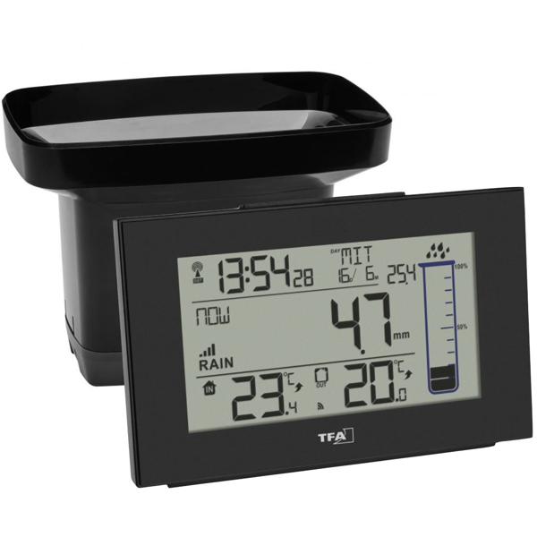 Digitaler Funk-Regenmesser mit Thermometer, schwarz, übersichtliches LCD-Display – Uhrzeit, Datum, Wecker, genaue Messwerte