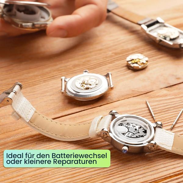 Profi Uhren Einpresswerkzeug, 17 tlg., Reparatur Werkzeug für Uhren inkl. 12 Druckplatten, ideal für den Batteriewechsel