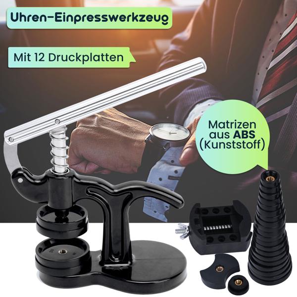 Profi Uhren Einpresswerkzeug, 17 tlg., Reparatur Werkzeug für Uhren inkl. 12 Druckplatten, ideal für den Batteriewechsel