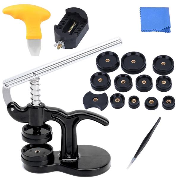 Profi Uhren Einpresswerkzeug, 17 tlg., Reparatur Werkzeug für Uhren inkl. 12 Druckplatten, ideal für den Batteriewechsel