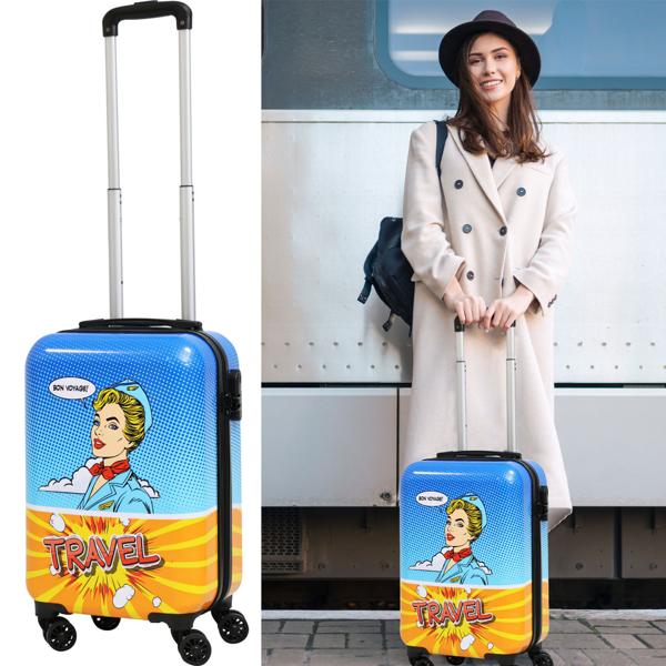 Robuster Trolley Hartschalenkoffer - Handgepäck, 32,5 x 21 x 51 cm, freches Pop-Art Retro-Design Bon Voyage, Komfort und Stil für jeden Trip