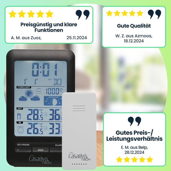 Digitale Funk-Wetterstation mit Aussensensor für präzise Wettervorhersage - Barometer, Hygrometer & Trend - Grosses Display - Funkuhr u. Wecker