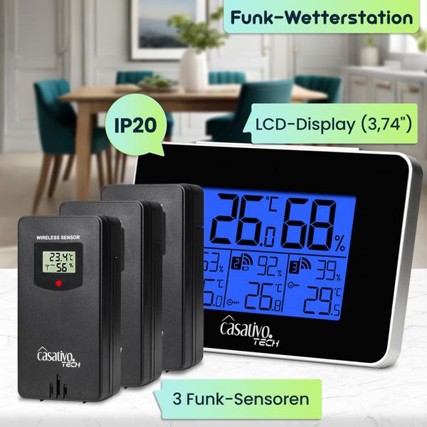 WLAN-Wetterstation mit 3 Funksensoren, LCD Display – Temperatur, Hygrometer, Wettertrends & Heiz-/Lüftungsempfehlungen für Ihr Wohlbefinden