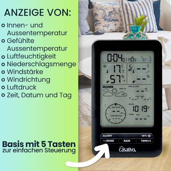 Profi Funk-Wetterstation mit Solar-Aussensensor – Niederschlag, Wind, Hygrometer & Wettervorschau – Präzise Wetterdaten Ihr dein Zuhause