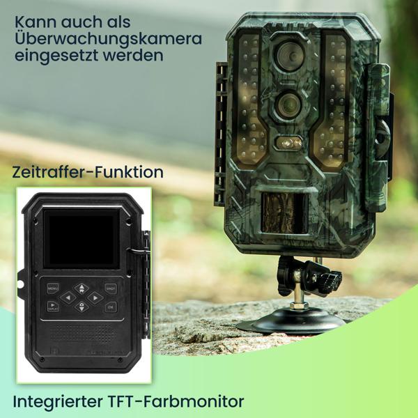 Profi 4K-Wildkamera mit IR-Nachtsicht-, Zeitraffer- & Timerfunktion, PIR Sensor, Dual Lens, Mikrofon, Multi-Shot, IP65
