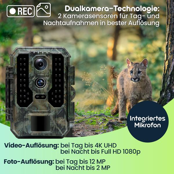 Profi 4K-Wildkamera mit IR-Nachtsicht-, Zeitraffer- & Timerfunktion, PIR Sensor, Dual Lens, Mikrofon, Multi-Shot, IP65